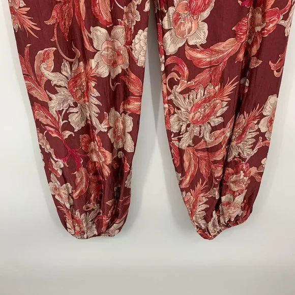 Zara Jogger Pants Floral Print Red Pull On High Rise - Picture 11 of 13